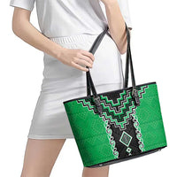 Green Niho Taniwha Mix Poutama Leather Tote Bag Unique Taniko Aotearoa LT01 - Polynesian Pride