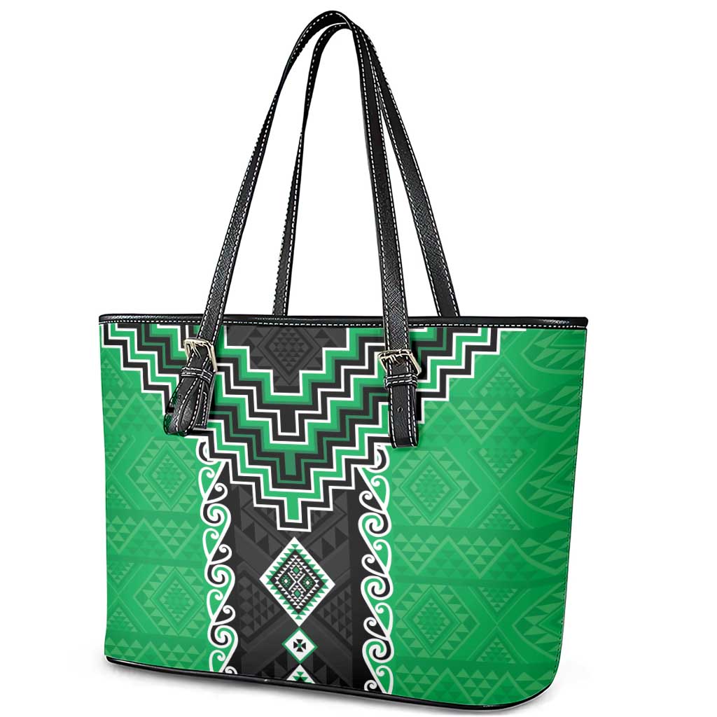 Green Niho Taniwha Mix Poutama Leather Tote Bag Unique Taniko Aotearoa LT01 - Polynesian Pride