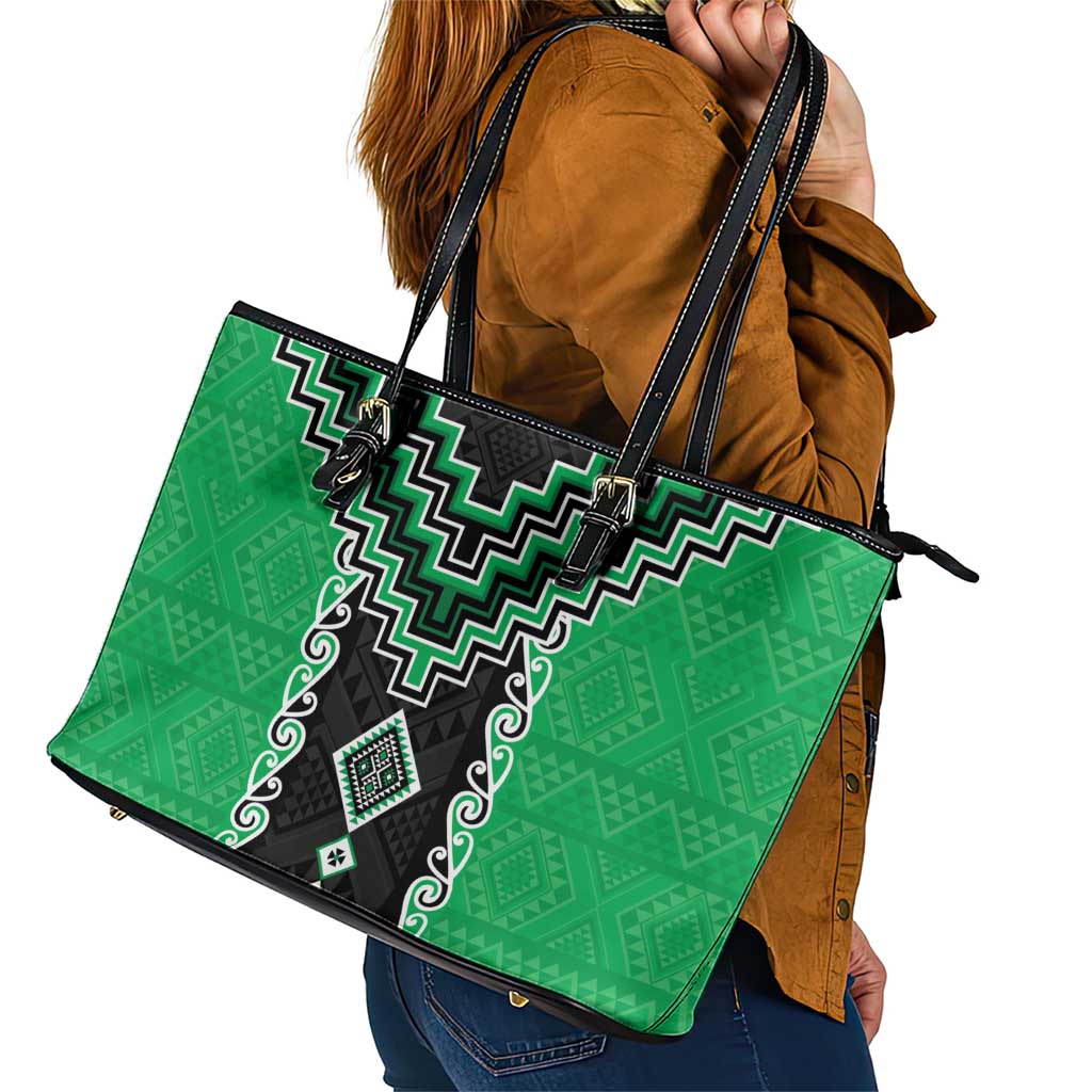 Green Niho Taniwha Mix Poutama Leather Tote Bag Unique Taniko Aotearoa LT01 - Polynesian Pride