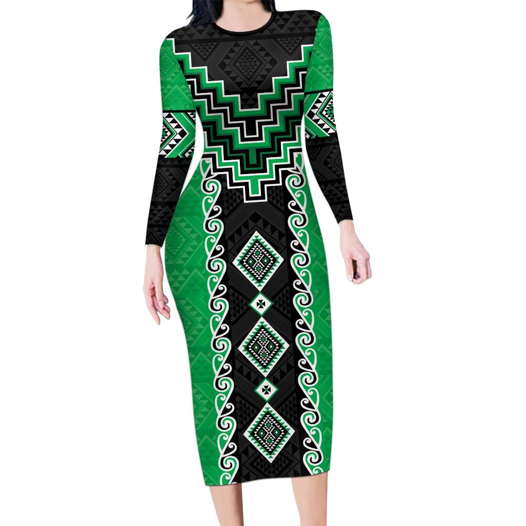 Green Niho Taniwha Mix Poutama Long Sleeve Bodycon Dress Unique Taniko Aotearoa