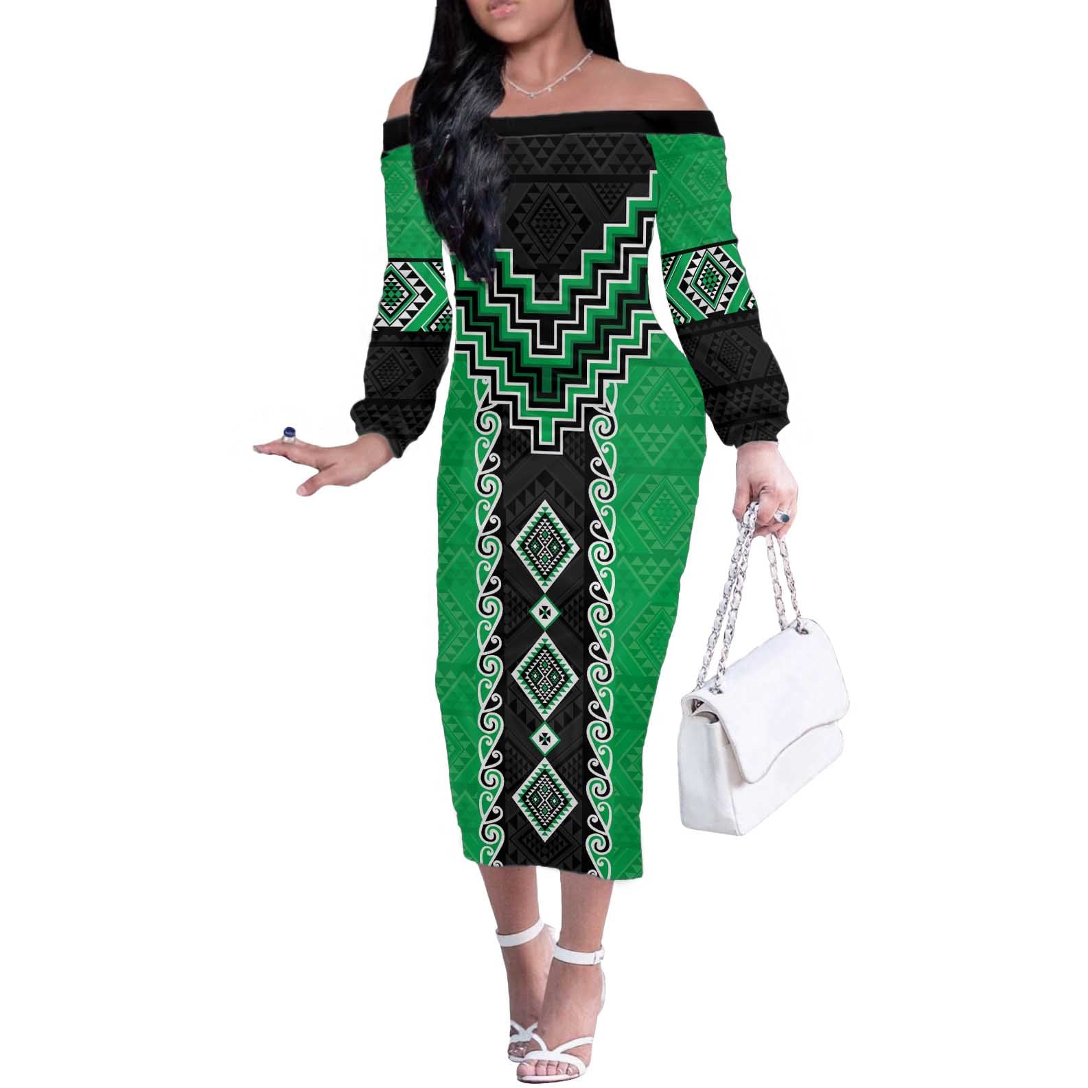 Green Niho Taniwha Mix Poutama Off The Shoulder Long Sleeve Dress Unique Taniko Aotearoa