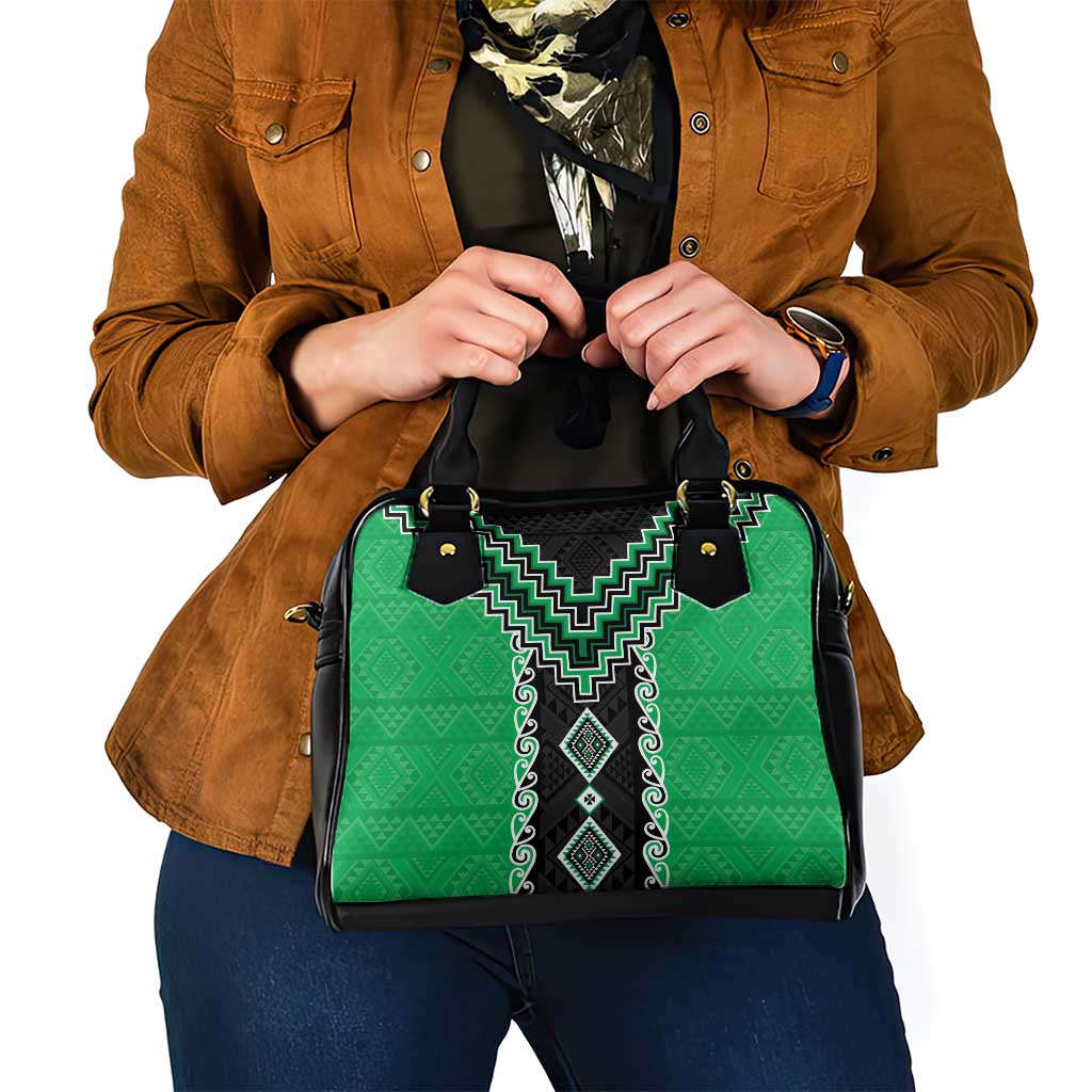 Green Niho Taniwha Mix Poutama Shoulder Handbag Unique Taniko Aotearoa
