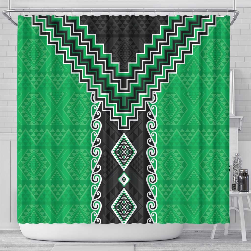 Green Niho Taniwha Mix Poutama Shower Curtain Unique Taniko Aotearoa