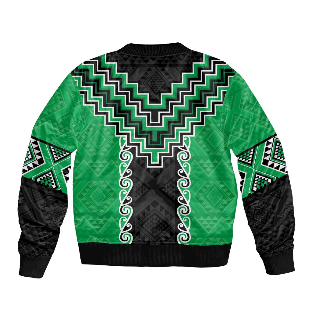 Green Niho Taniwha Mix Poutama Sleeve Zip Bomber Jacket Unique Taniko Aotearoa