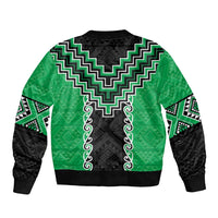 Green Niho Taniwha Mix Poutama Sleeve Zip Bomber Jacket Unique Taniko Aotearoa