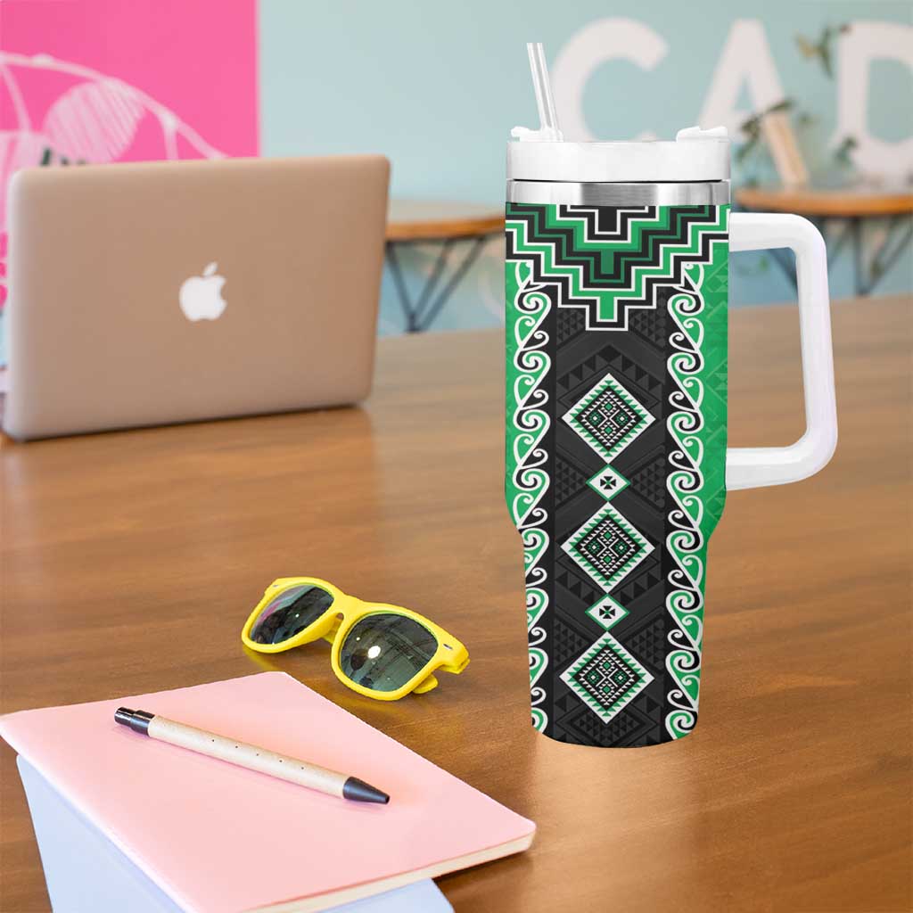 Green Niho Taniwha Mix Poutama Tumbler With Handle Unique Taniko Aotearoa LT01 - Polynesian Pride