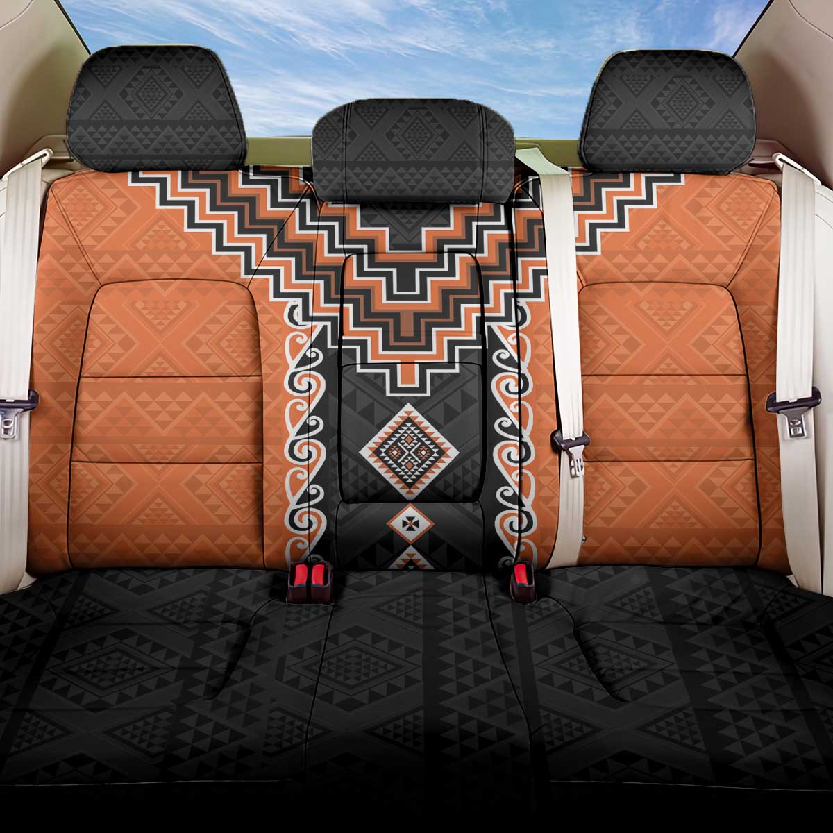 Orange Niho Taniwha Mix Poutama Back Car Seat Cover Unique Taniko Aotearoa