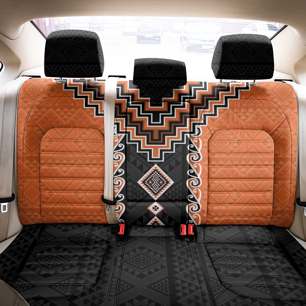 Orange Niho Taniwha Mix Poutama Back Car Seat Cover Unique Taniko Aotearoa