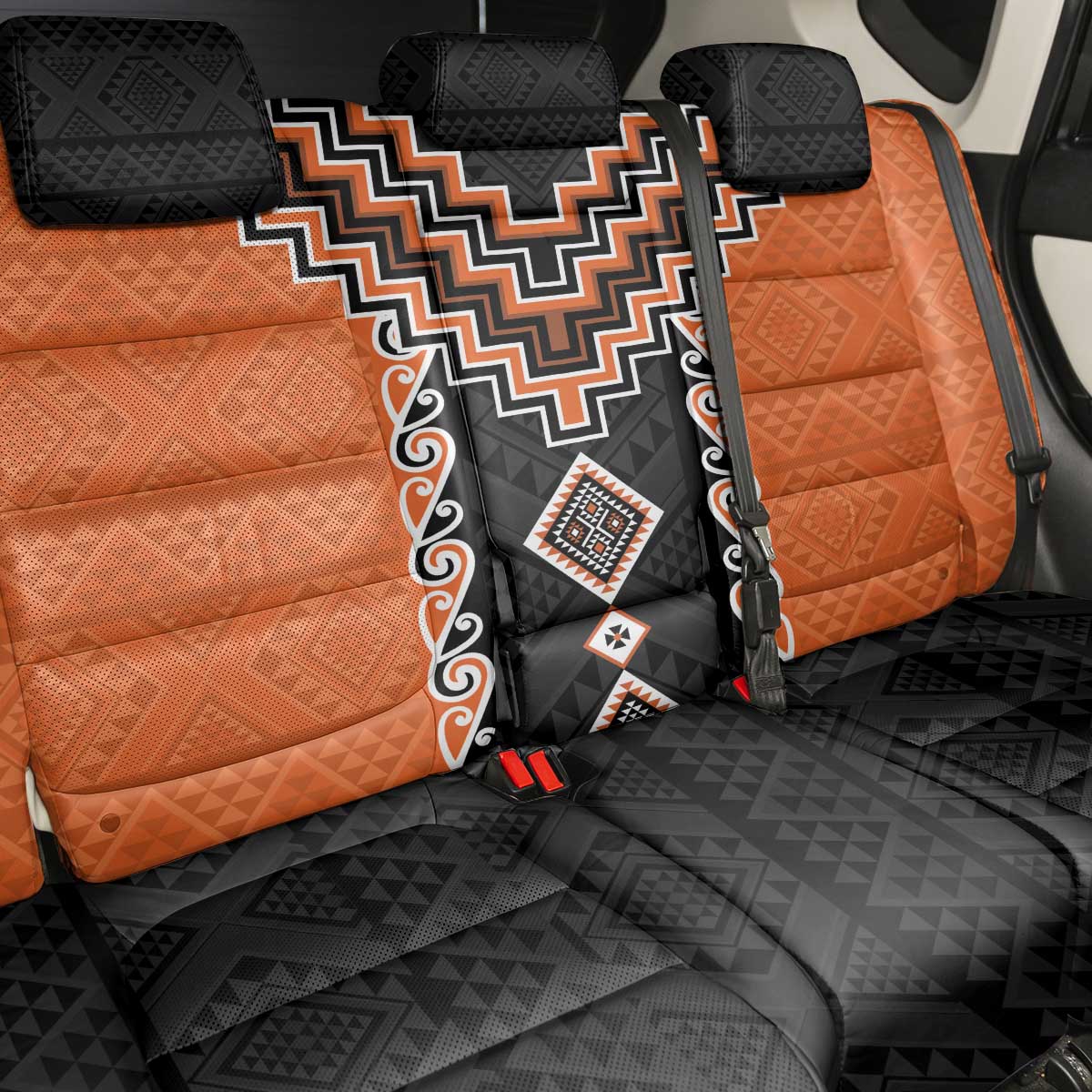 Orange Niho Taniwha Mix Poutama Back Car Seat Cover Unique Taniko Aotearoa
