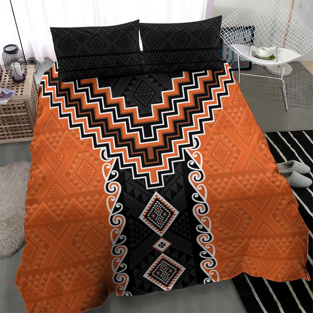 Orange Niho Taniwha Mix Poutama Bedding Set Unique Taniko Aotearoa