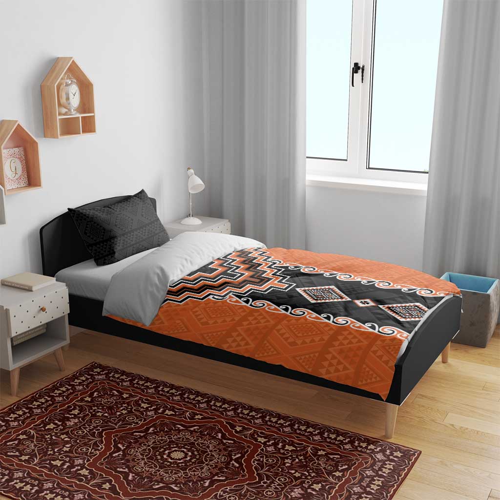 Orange Niho Taniwha Mix Poutama Bedding Set Unique Taniko Aotearoa