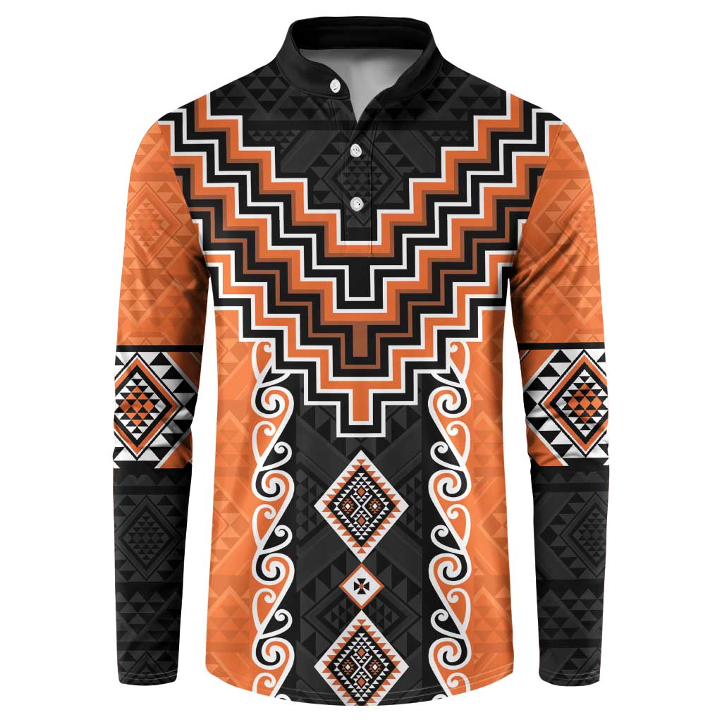 Orange Niho Taniwha Mix Poutama Button Sweatshirt Unique Taniko Aotearoa LT01 Orange - Polynesian Pride