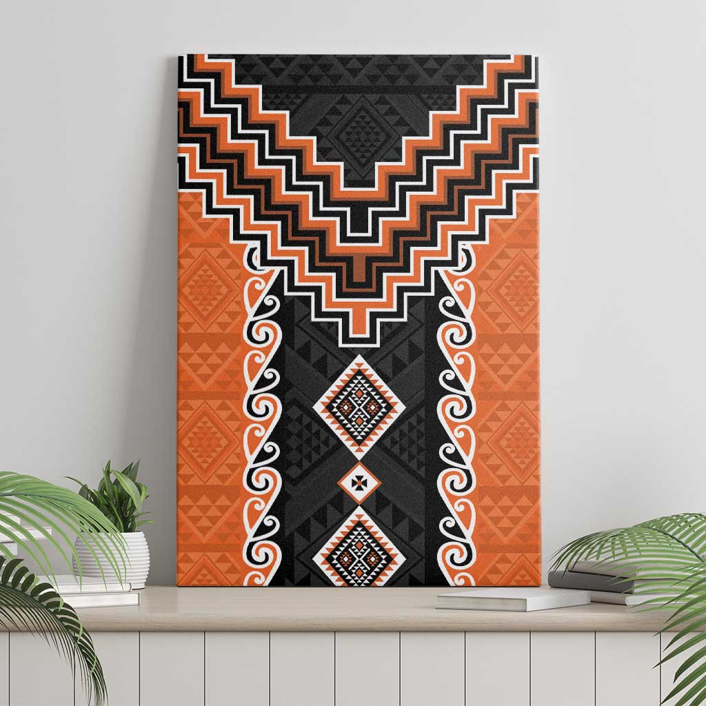 Orange Niho Taniwha Mix Poutama Canvas Wall Art Unique Taniko Aotearoa