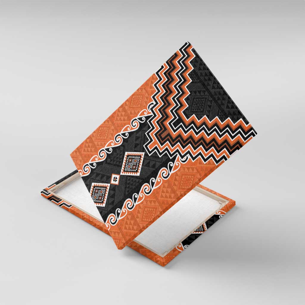 Orange Niho Taniwha Mix Poutama Canvas Wall Art Unique Taniko Aotearoa