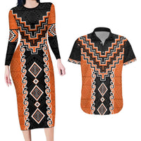 Orange Niho Taniwha Mix Poutama Couples Matching Long Sleeve Bodycon Dress and Hawaiian Shirt Unique Taniko Aotearoa LT01 Orange - Polynesian Pride