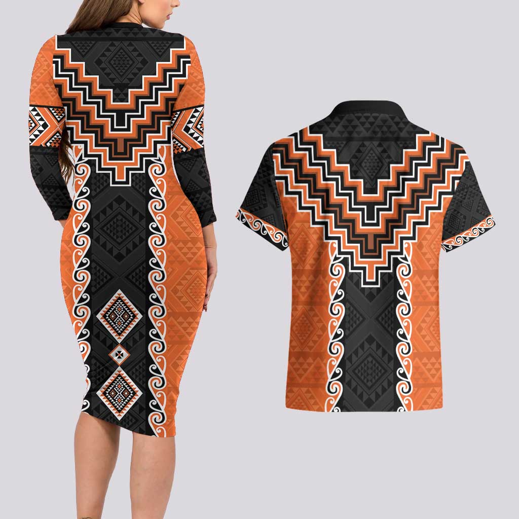 Orange Niho Taniwha Mix Poutama Couples Matching Long Sleeve Bodycon Dress and Hawaiian Shirt Unique Taniko Aotearoa LT01 - Polynesian Pride