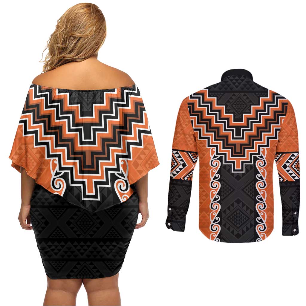 Orange Niho Taniwha Mix Poutama Couples Matching Off Shoulder Short Dress and Long Sleeve Button Shirt Unique Taniko Aotearoa LT01 - Polynesian Pride