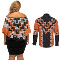 Orange Niho Taniwha Mix Poutama Couples Matching Off Shoulder Short Dress and Long Sleeve Button Shirt Unique Taniko Aotearoa LT01 - Polynesian Pride
