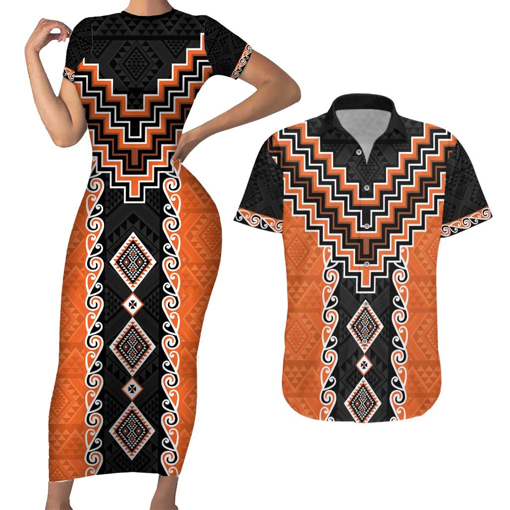 Orange Niho Taniwha Mix Poutama Couples Matching Short Sleeve Bodycon Dress and Hawaiian Shirt Unique Taniko Aotearoa LT01 Orange - Polynesian Pride