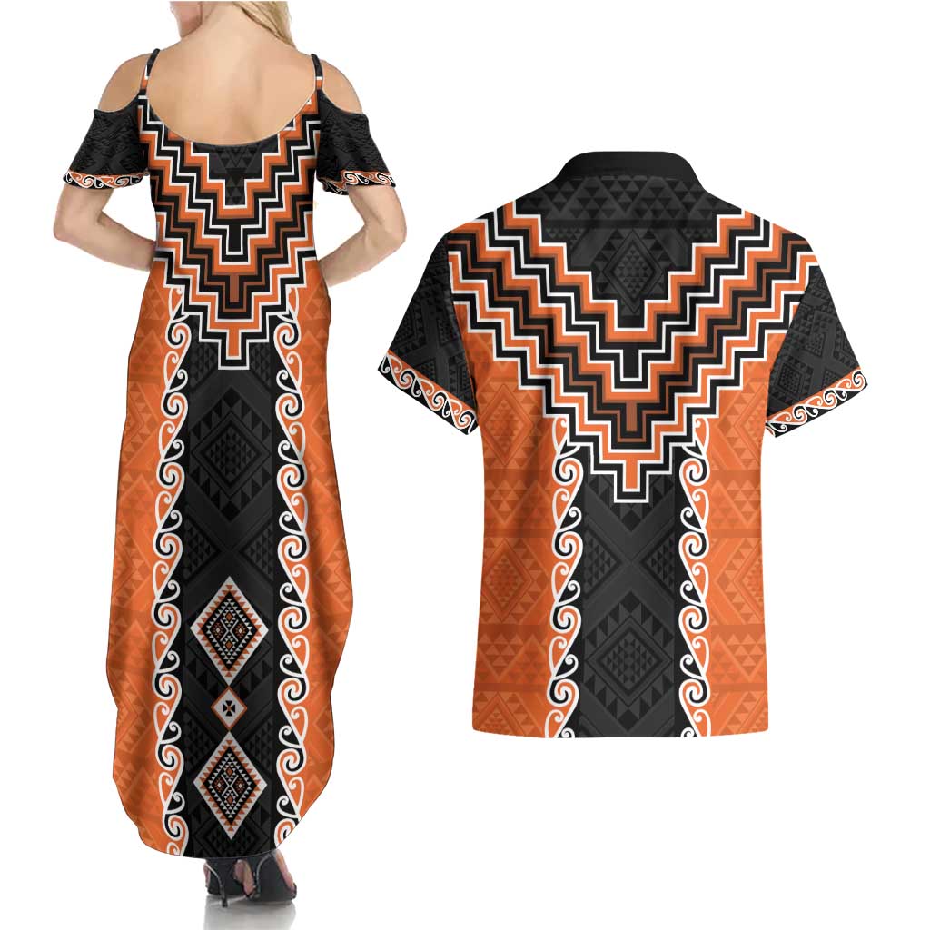Orange Niho Taniwha Mix Poutama Couples Matching Summer Maxi Dress and Hawaiian Shirt Unique Taniko Aotearoa LT01 - Polynesian Pride