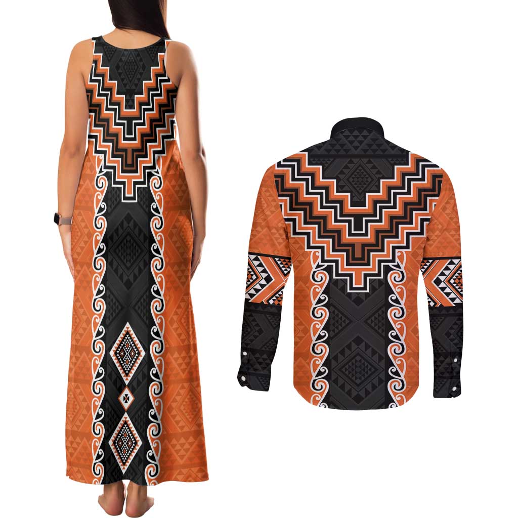 Orange Niho Taniwha Mix Poutama Couples Matching Tank Maxi Dress and Long Sleeve Button Shirt Unique Taniko Aotearoa LT01 - Polynesian Pride
