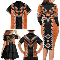 Orange Niho Taniwha Mix Poutama Family Matching Long Sleeve Bodycon Dress and Hawaiian Shirt Unique Taniko Aotearoa LT01 - Polynesian Pride