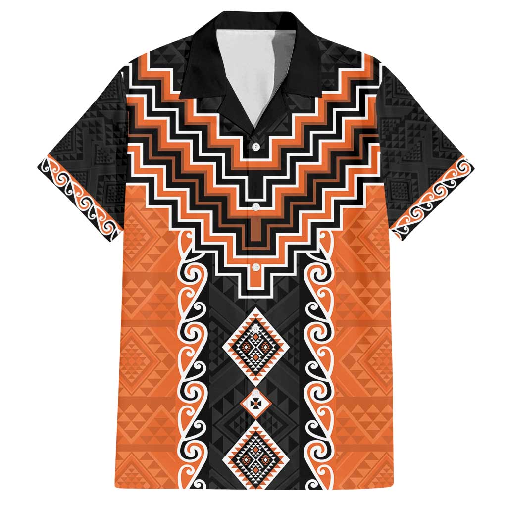 Orange Niho Taniwha Mix Poutama Family Matching Long Sleeve Bodycon Dress and Hawaiian Shirt Unique Taniko Aotearoa LT01 Dad's Shirt - Short Sleeve Orange - Polynesian Pride