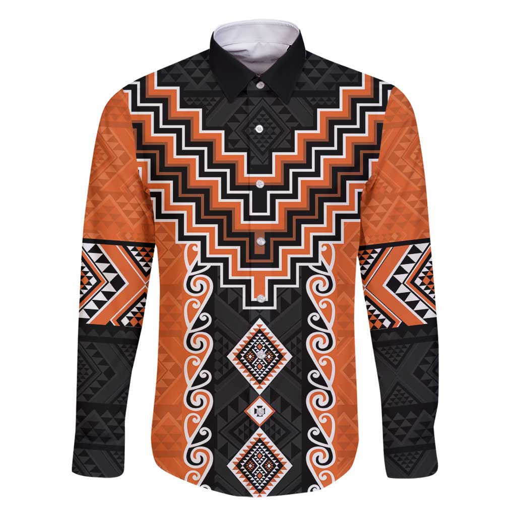Orange Niho Taniwha Mix Poutama Family Matching Long Sleeve Bodycon Dress and Hawaiian Shirt Unique Taniko Aotearoa LT01 Dad's Shirt - Long Sleeve Orange - Polynesian Pride