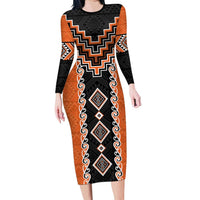 Orange Niho Taniwha Mix Poutama Family Matching Long Sleeve Bodycon Dress and Hawaiian Shirt Unique Taniko Aotearoa LT01 Mom's Dress Orange - Polynesian Pride