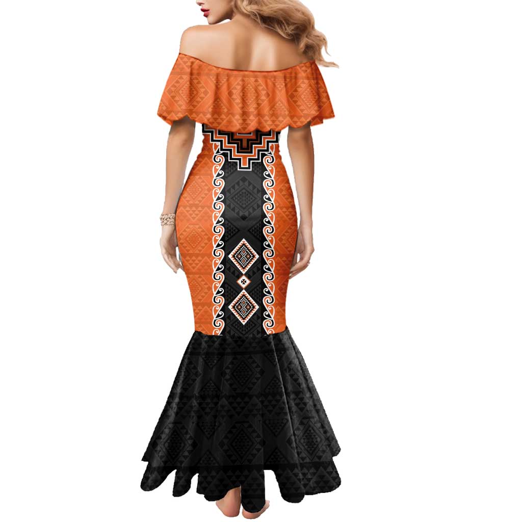 Orange Niho Taniwha Mix Poutama Family Matching Mermaid Dress and Hawaiian Shirt Unique Taniko Aotearoa