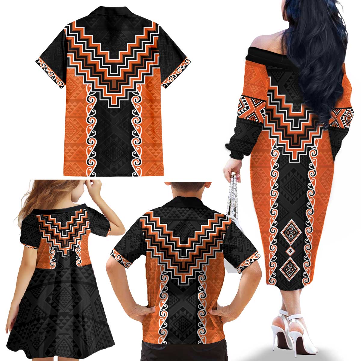 Orange Niho Taniwha Mix Poutama Family Matching Off The Shoulder Long Sleeve Dress and Hawaiian Shirt Unique Taniko Aotearoa