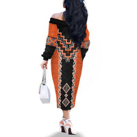 Orange Niho Taniwha Mix Poutama Family Matching Off The Shoulder Long Sleeve Dress and Hawaiian Shirt Unique Taniko Aotearoa