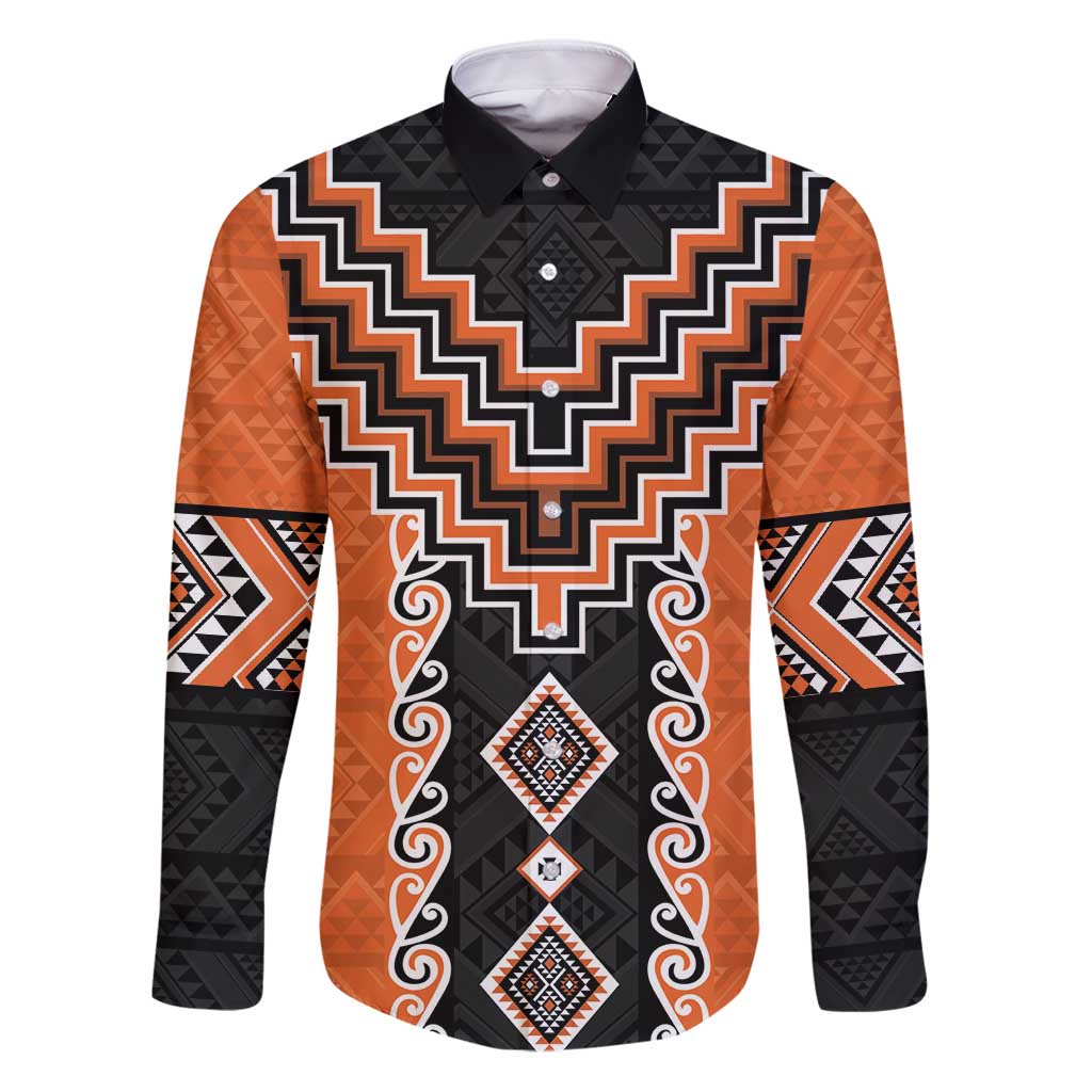 Orange Niho Taniwha Mix Poutama Family Matching Puletasi and Hawaiian Shirt Unique Taniko Aotearoa LT01 Dad's Shirt - Long Sleeve Orange - Polynesian Pride