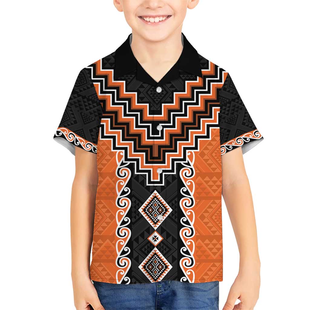 Orange Niho Taniwha Mix Poutama Family Matching Puletasi and Hawaiian Shirt Unique Taniko Aotearoa LT01 Son's Shirt Orange - Polynesian Pride