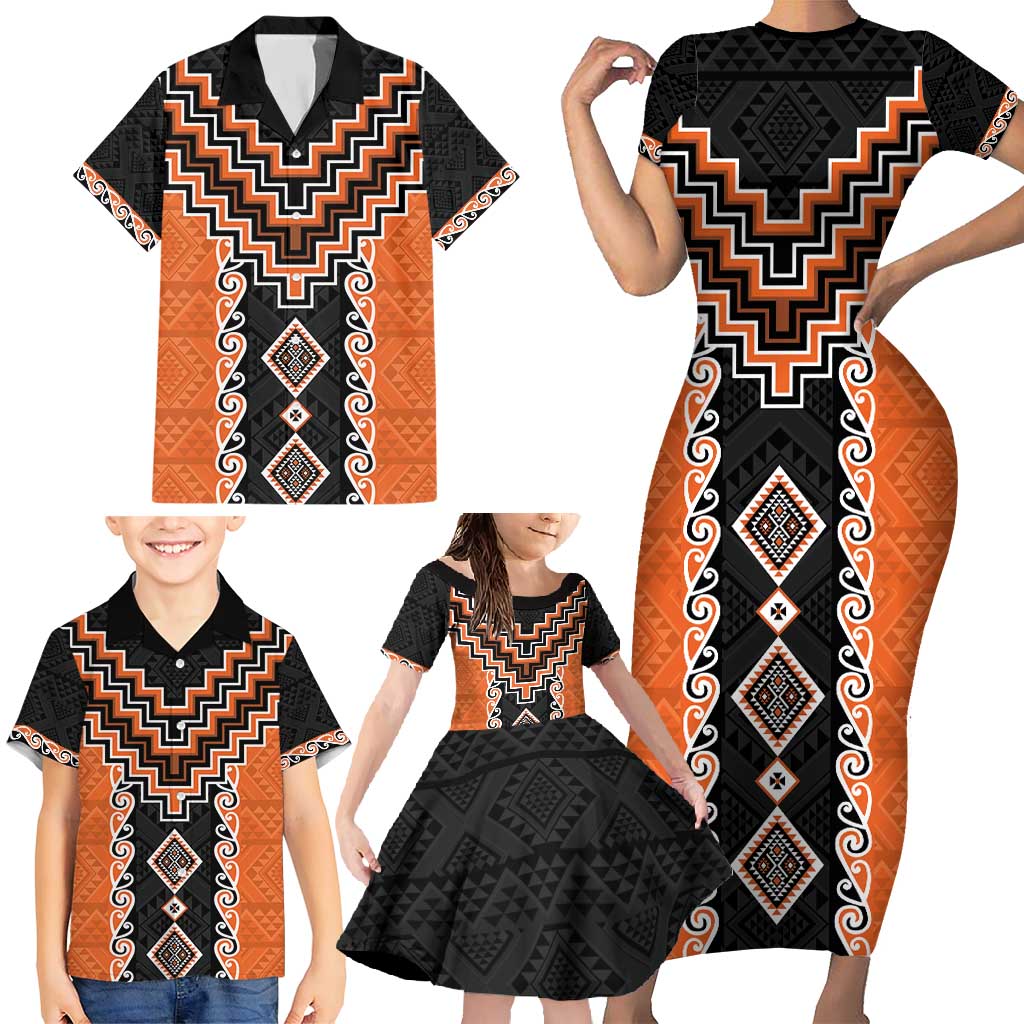 Orange Niho Taniwha Mix Poutama Family Matching Short Sleeve Bodycon Dress and Hawaiian Shirt Unique Taniko Aotearoa LT01 - Polynesian Pride