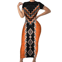 Orange Niho Taniwha Mix Poutama Family Matching Short Sleeve Bodycon Dress and Hawaiian Shirt Unique Taniko Aotearoa LT01 Mom's Dress Orange - Polynesian Pride