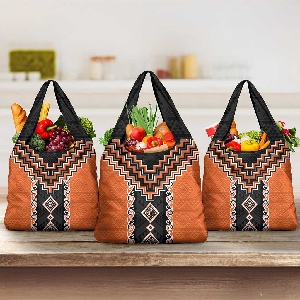 Orange Niho Taniwha Mix Poutama Grocery Bag Unique Taniko Aotearoa LT01 3-pack One Size Orange - Polynesian Pride