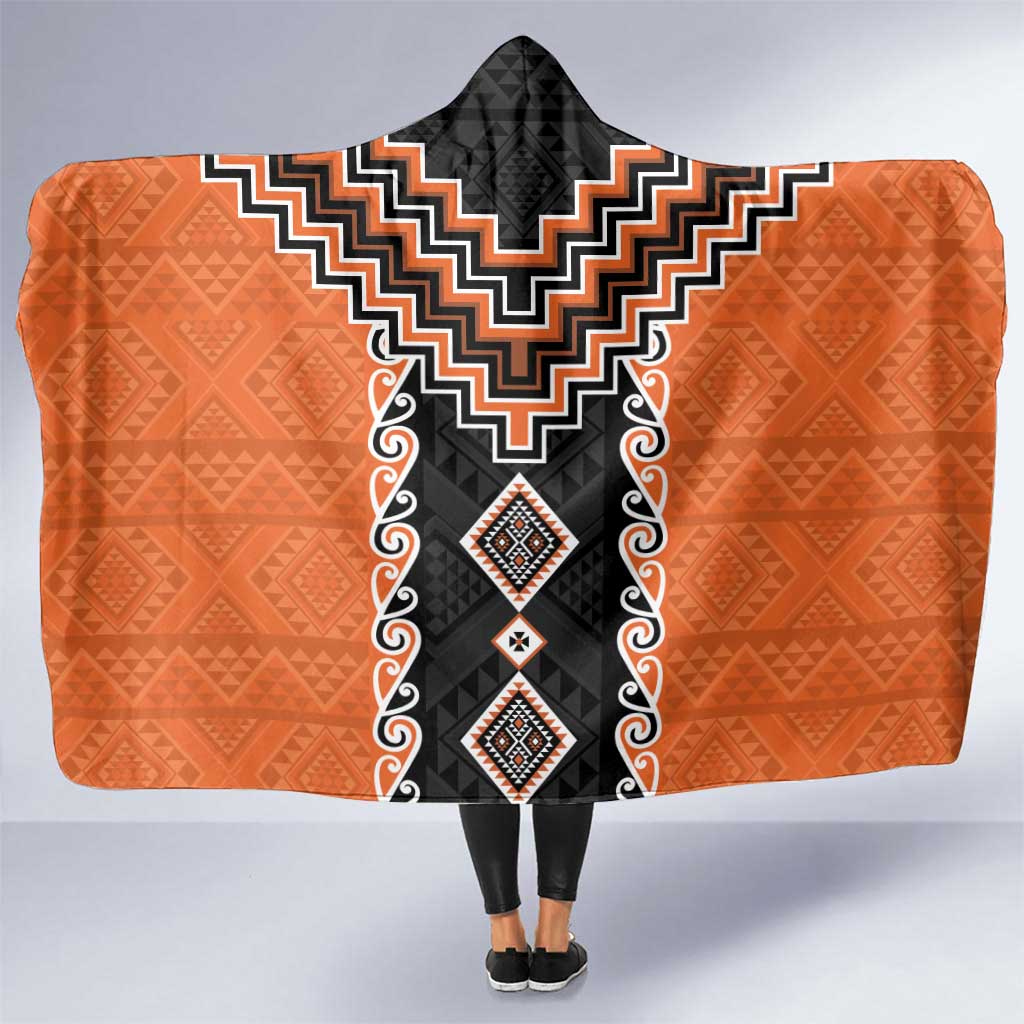 Orange Niho Taniwha Mix Poutama Hooded Blanket Unique Taniko Aotearoa