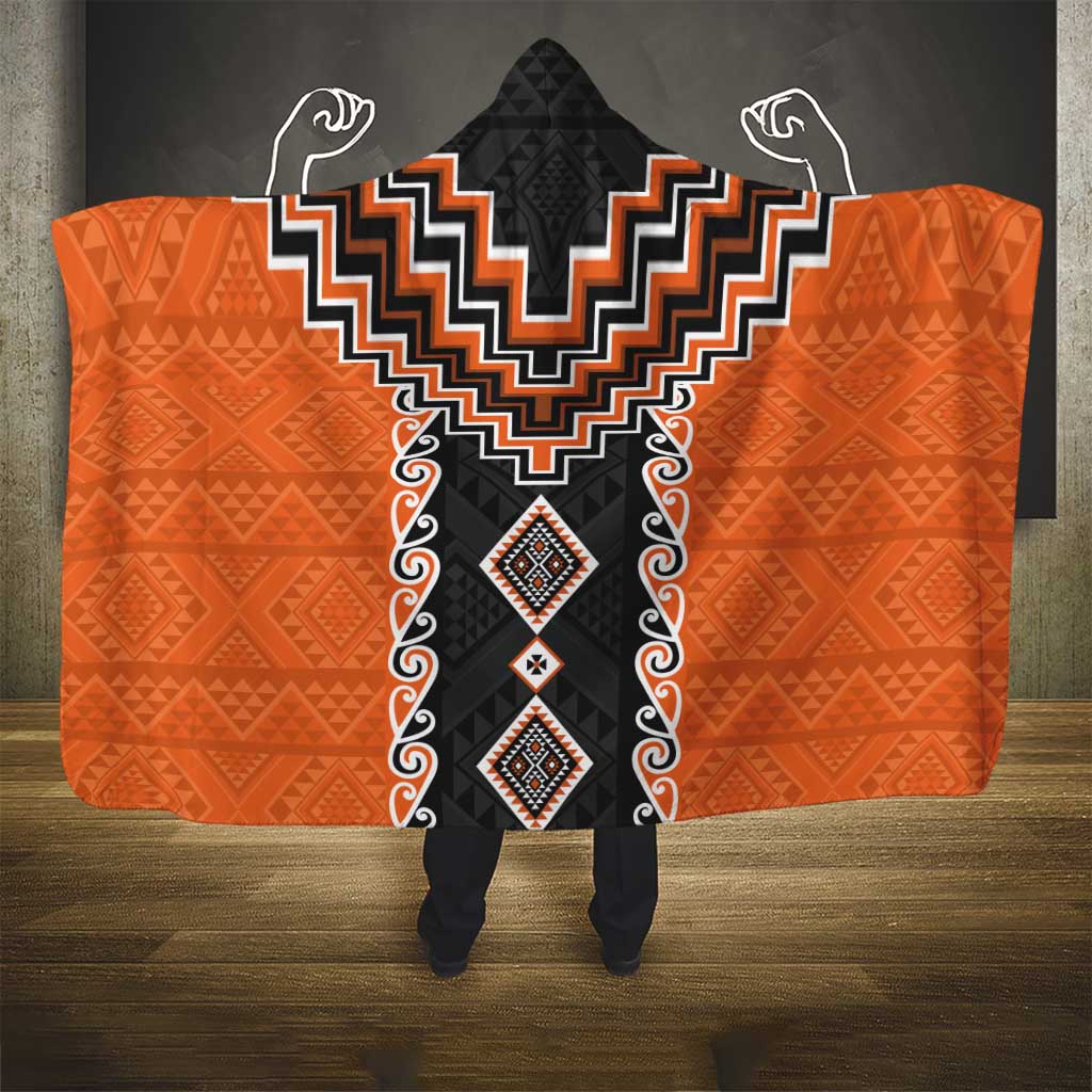 Orange Niho Taniwha Mix Poutama Hooded Blanket Unique Taniko Aotearoa