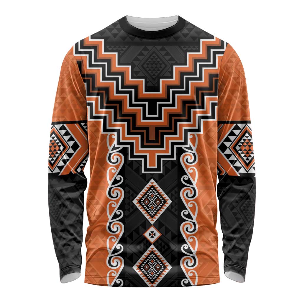 Orange Niho Taniwha Mix Poutama Long Sleeve Shirt Unique Taniko Aotearoa LT01 Unisex Orange - Polynesian Pride