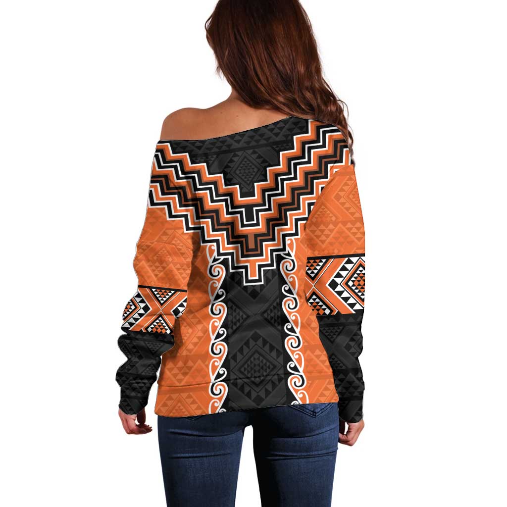 Orange Niho Taniwha Mix Poutama Off Shoulder Sweater Unique Taniko Aotearoa