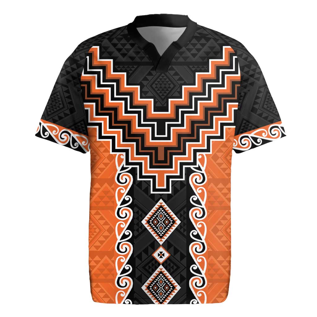 Orange Niho Taniwha Mix Poutama Rugby Jersey Unique Taniko Aotearoa LT01 Orange - Polynesian Pride