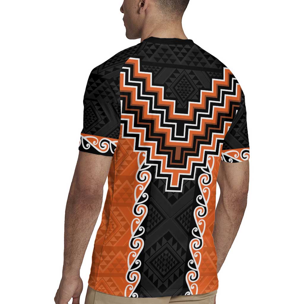 Orange Niho Taniwha Mix Poutama Rugby Jersey Unique Taniko Aotearoa LT01 - Polynesian Pride