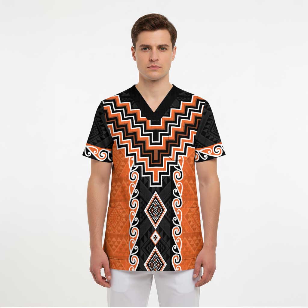 Orange Niho Taniwha Mix Poutama Scrub Top Unique Taniko Aotearoa - Polynesian Pride