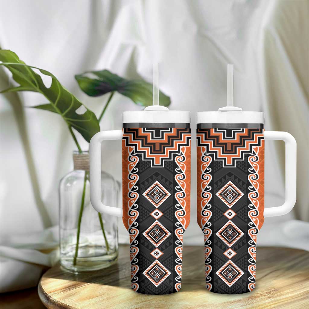Orange Niho Taniwha Mix Poutama Tumbler With Handle Unique Taniko Aotearoa LT01 - Polynesian Pride
