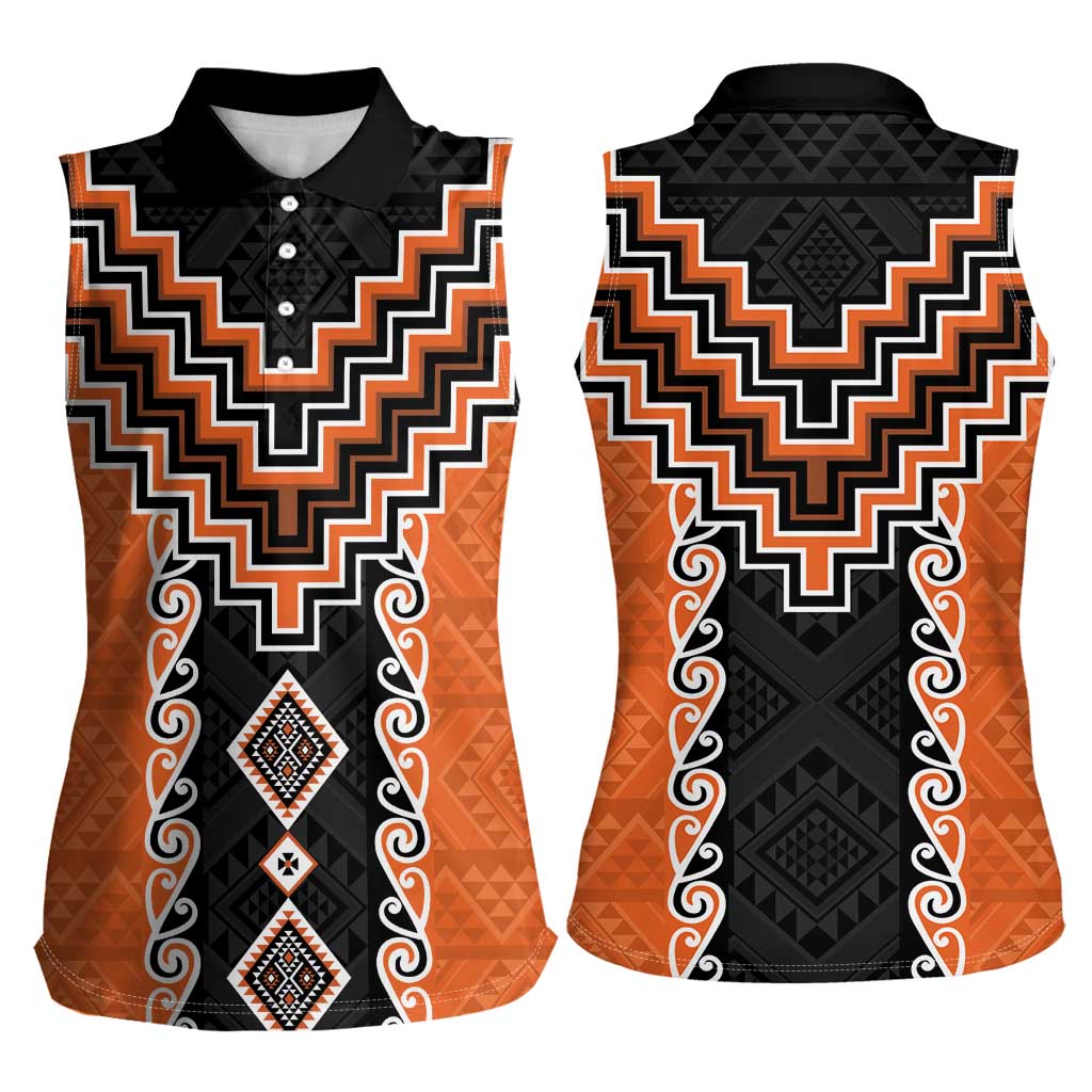Orange Niho Taniwha Mix Poutama Women Sleeveless Polo Shirt Unique Taniko Aotearoa LT01 - Polynesian Pride