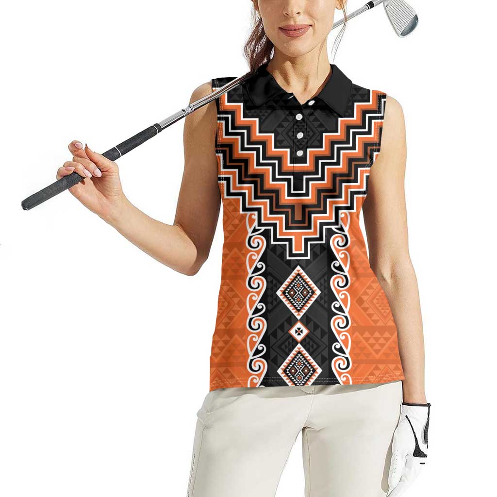 Orange Niho Taniwha Mix Poutama Women Sleeveless Polo Shirt Unique Taniko Aotearoa LT01 - Polynesian Pride