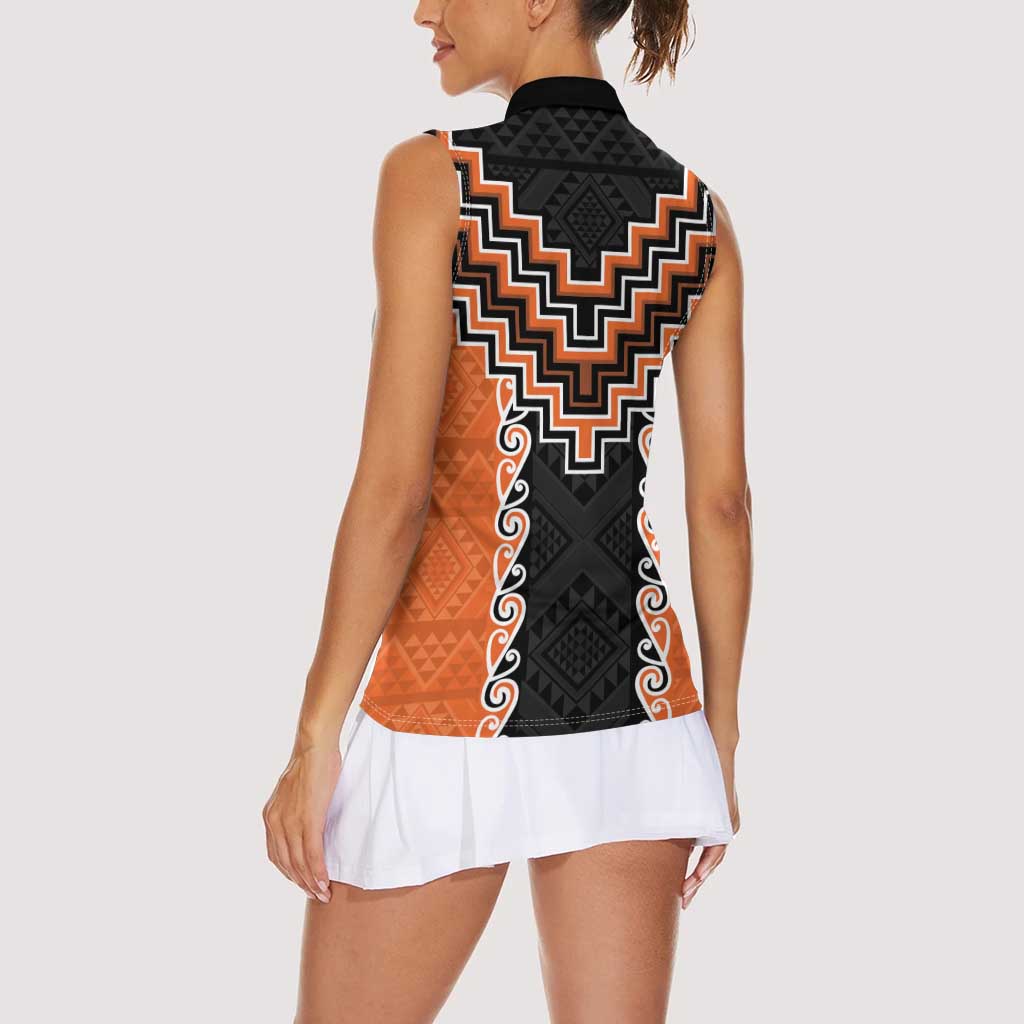 Orange Niho Taniwha Mix Poutama Women Sleeveless Polo Shirt Unique Taniko Aotearoa LT01 - Polynesian Pride