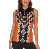 Orange Niho Taniwha Mix Poutama Women Sleeveless Polo Shirt Unique Taniko Aotearoa LT01 - Polynesian Pride