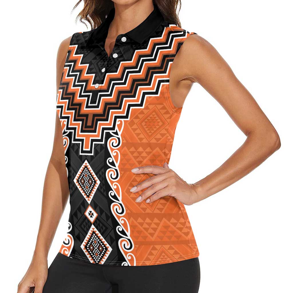 Orange Niho Taniwha Mix Poutama Women Sleeveless Polo Shirt Unique Taniko Aotearoa LT01 - Polynesian Pride